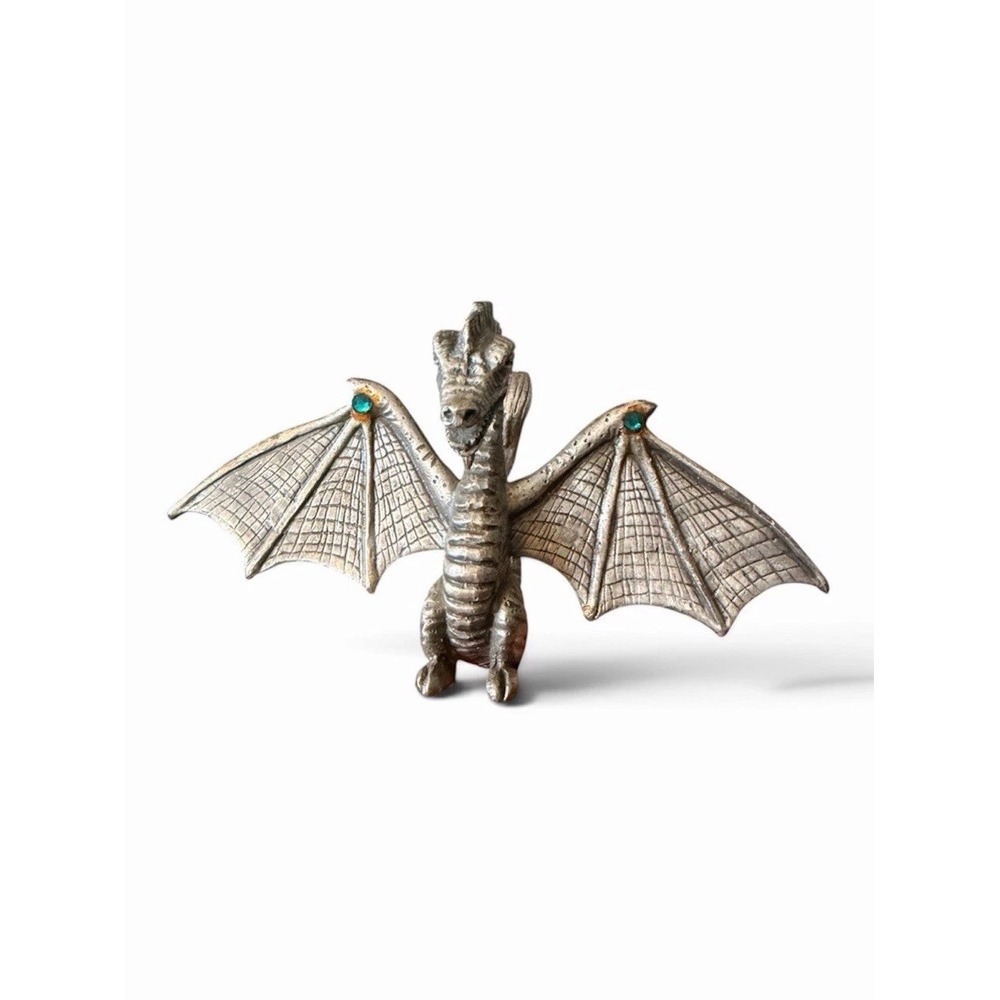 Pewter Winged Dragon Figurine 2 1/2 Inches Tall Jeweled Wings
